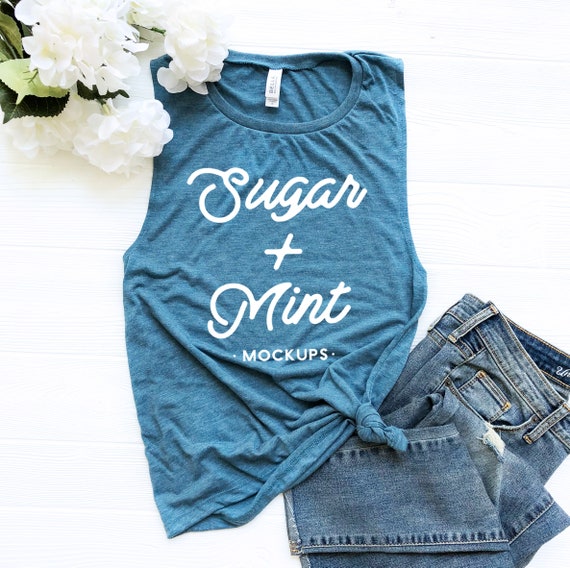 Heather Deep Teal Flowy Muscle Tank Top Mockup Bella