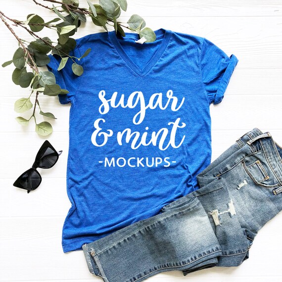 Download Free Royal Blue V Neck T-Shirt Mockup Bella Canvas (PSD) - Download Free Royal Blue V Neck T ...