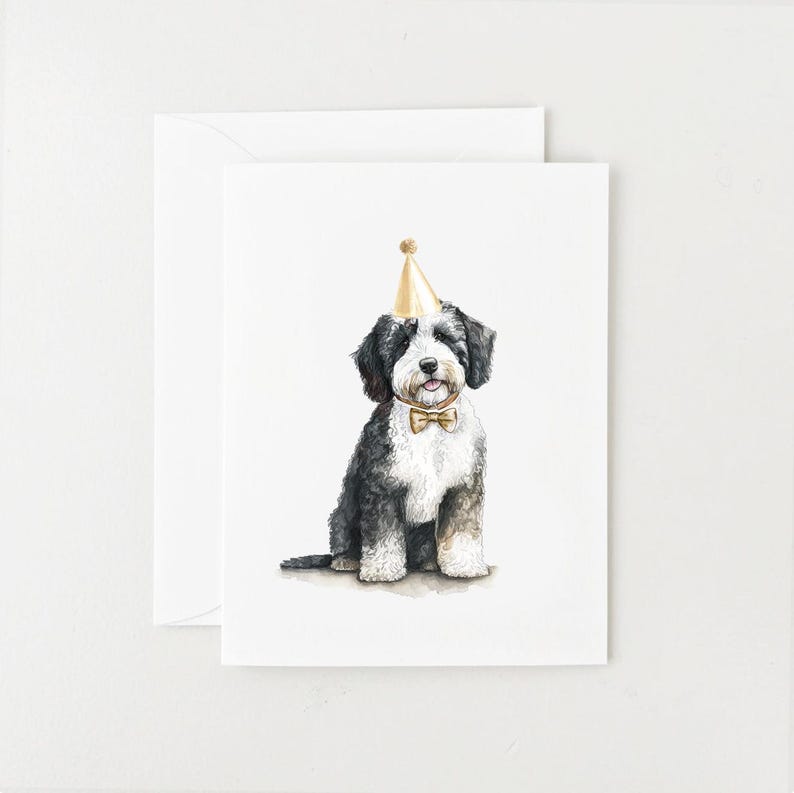 Carte d'anniversaire Sheepadoodle, carte d'anniversaire de chien avec chapeau de fête image 1
