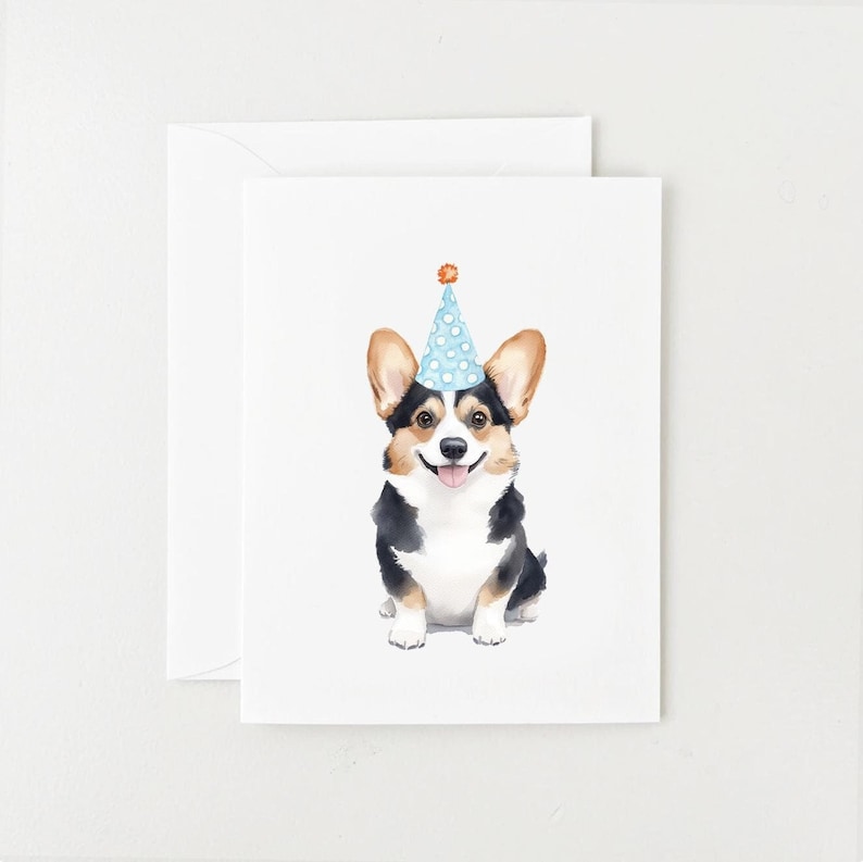 Carte d'anniversaire Corgi, chapeau de fête joyeux anniversaire Corgi tricolore image 1