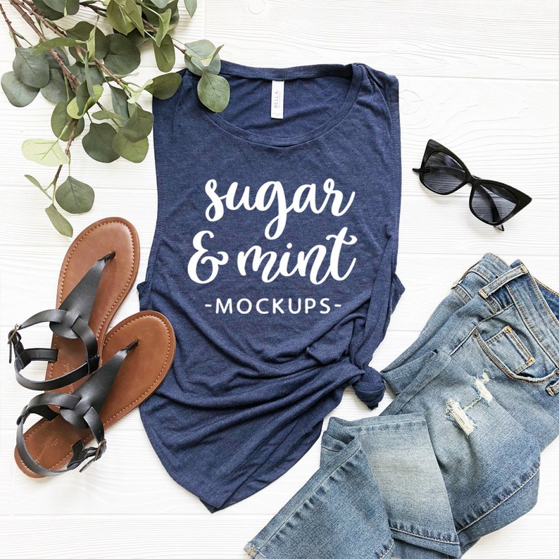 Download Navy Muscle Tank Top Mockup Bella Canvas 8803 Heather Navy ...