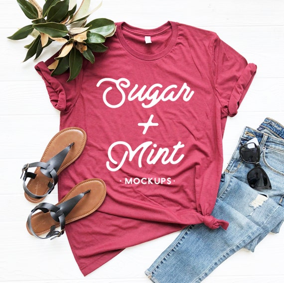 Heather Cardinal T Shirt Mockup Bella Canvas Flat Lay Etsy