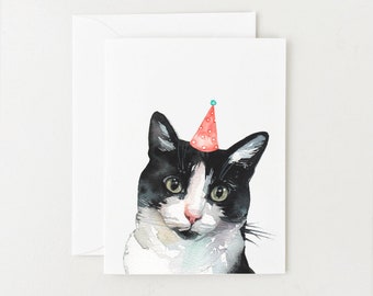Black and White Tuxedo Cat Birthday Card, Cute Watercolor Cat with Party Hat, Black Cat White Spots