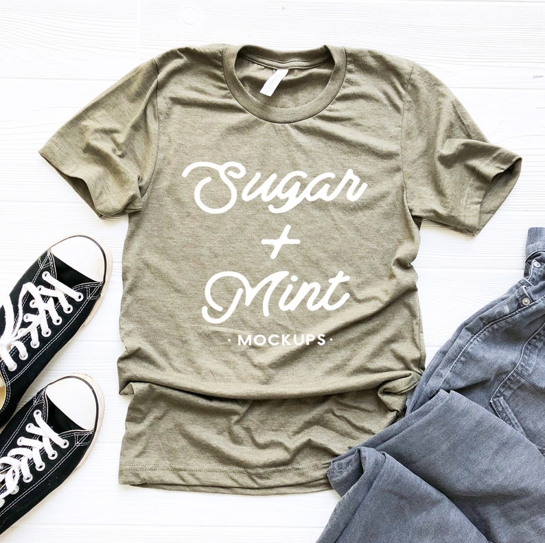 Download Mens T Shirt Mockup Bella Canvas 3001 Heather Olive Green ...