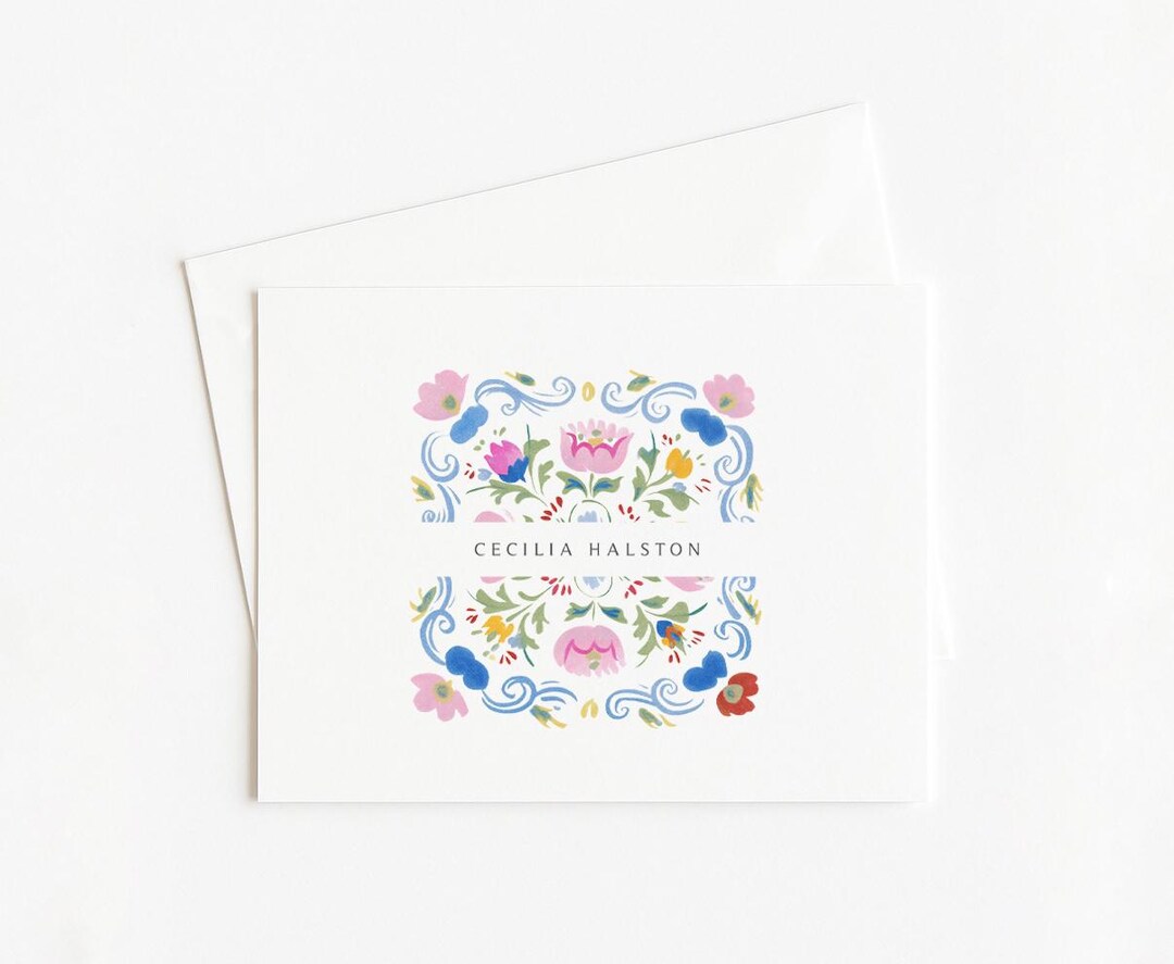 Folk Floral Stationery, Set of 8 Folded Cards With Monogram - Etsy