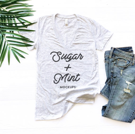 Download V Neck T Shirt Mockup Bella Canvas 6035 Ash Light Grey Etsy