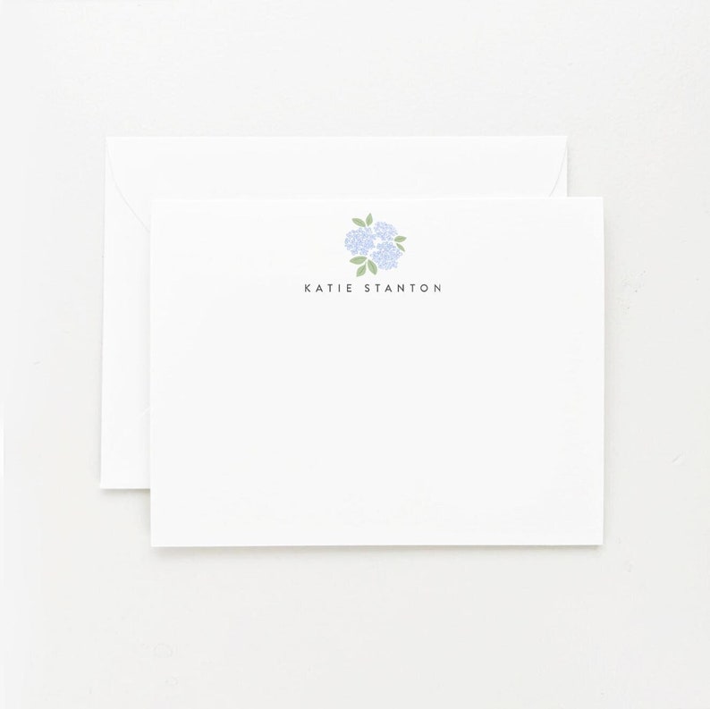 Cartes de correspondance hortensias, ensemble de papeterie avec fleurs, lot de 12 personnalisés, hortensias bleus monogrammés image 1