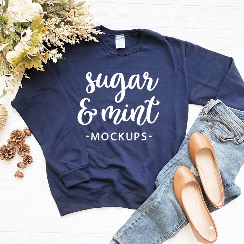 Download Navy Blue Sweatshirt Mockup Fall Flower Flat Lay with | Etsy