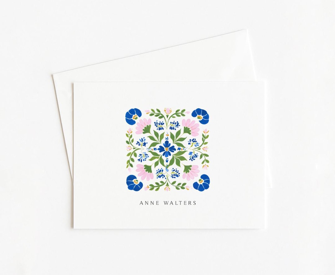 Folk Floral Stationery, Set of 8 Folded Cards With Monogram - Etsy