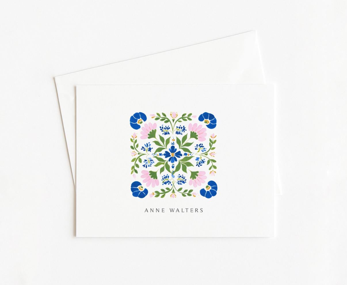 Folk Floral Stationery, Set of 8 Folded Cards With Monogram - Etsy