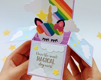 Rainbow Unicorn pop-up card - Birthday card A2 size (4 1/4" x 5 1/2")