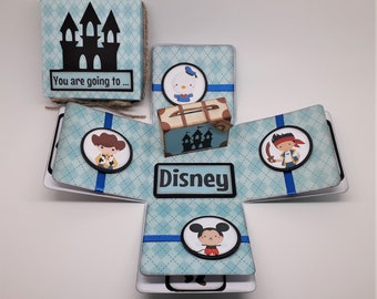 You are going to Disney  - Surprise trip - Travel Theme - Suitcase exploding box card - blue