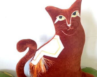 Ginger Tom Cat cushion decorative pillow hand in Brighton ,using vintage cotton velvet and a Japanese obi belt