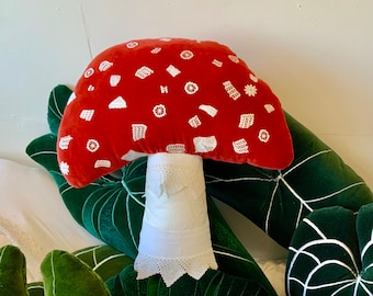 Fly agaric mushroom pillow / cushion  , handmade using vintage red cotton velvet fabric and vintage lace  ,eco filling .