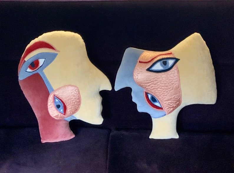 2 Talking heads cushions Picasso African inspired handmade using vintage cotton velvet.Made in Brighton UK.