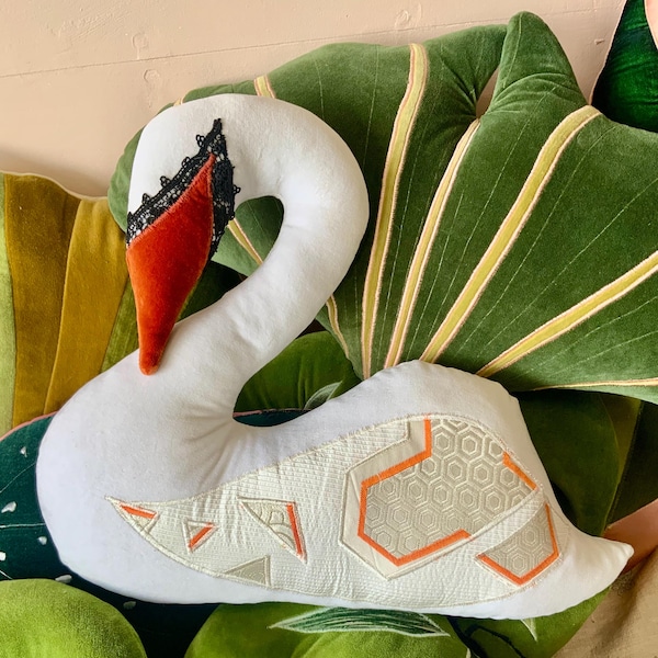White Swan  bird shaped cushion /decorative pillow handmade using white cotton velvet and vintage satins,silks and velvets  . Eco filling .
