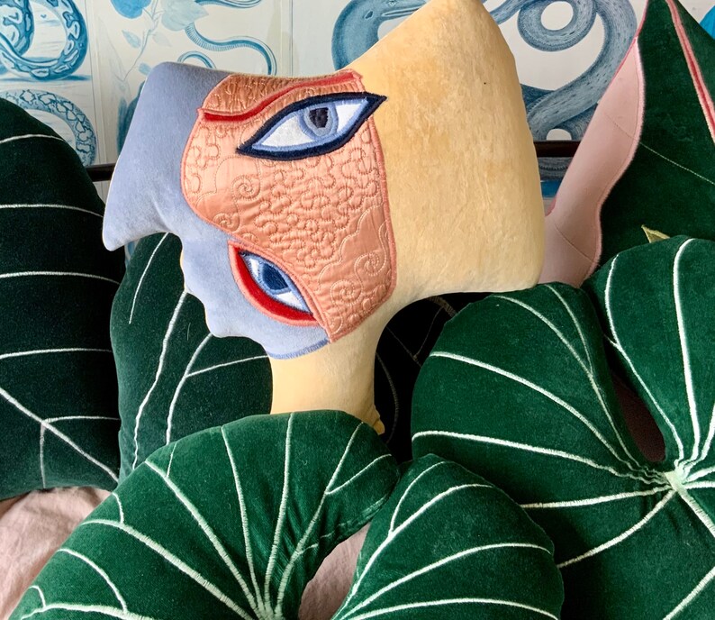 2 Talking heads cushions Picasso African inspired handmade using vintage cotton velvet.Made in Brighton UK.