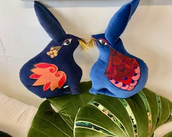 rabbit bunny shaped animal cushion  handmade in Brighton using blue vintage velvet and heals fabric    , eco filling .sustainable gift .