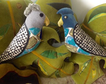 Going cheap cheap ! Reduced ! 2  Parakeet bird Animal decorative pillow / Cushion handmade in Brighton UK  using a mix of vintage fabrics .