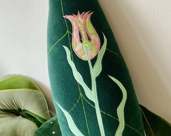 Tall leaf cushion /plant decorative botanical house plant pillow  handmade in Brighton using vintage cotton velvets with appliqué flower .