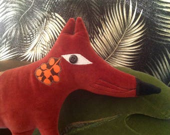 Fantastic Mr Fox cub shaped decorative pillow / Cushion   , handmade using Vintage orange velvet