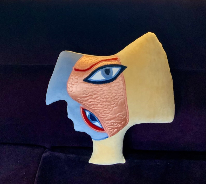 2 Talking heads cushions Picasso African inspired handmade using vintage cotton velvet.Made in Brighton UK.