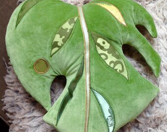 Monstera leaf , Swiss cheese plant cushion /pillow decorative handmade using vintage velvet ,barkcloth and silks.