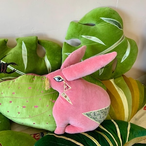 Pink rabbit/bunny shaped animal cushion /pillow handmade in Brighton using repurposed  fabric   ,eco filling,sustainable gift