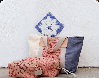 Borsa d' aMare in tessuto jacquard  e pelle Fiore Rosa