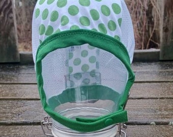 Limited! Ready to ship Green Polka Dot Snap Hearing Aid Hat with White Mesh for those with hearing aids/cochlear implants