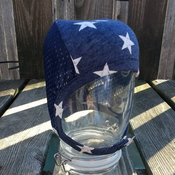 Ready to ship Vintage Stars on Denim Blue with Navy Mesh hearing aid cap for those with hearing aids/cochlear implants