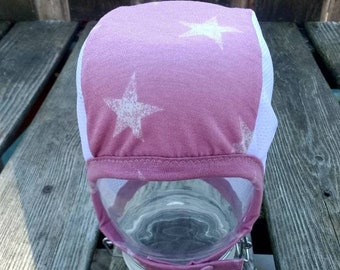 Ready to ship Vintage Stars on Dusty Pink with White Mesh hearing aid cap for those with hearing aids/cochlear implants