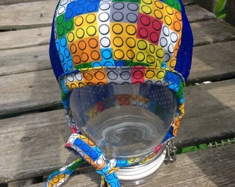 Ready to ship Building Blocks with Royal Blue Mesh hearing aid hat for those with hearing aids/cochlear implants