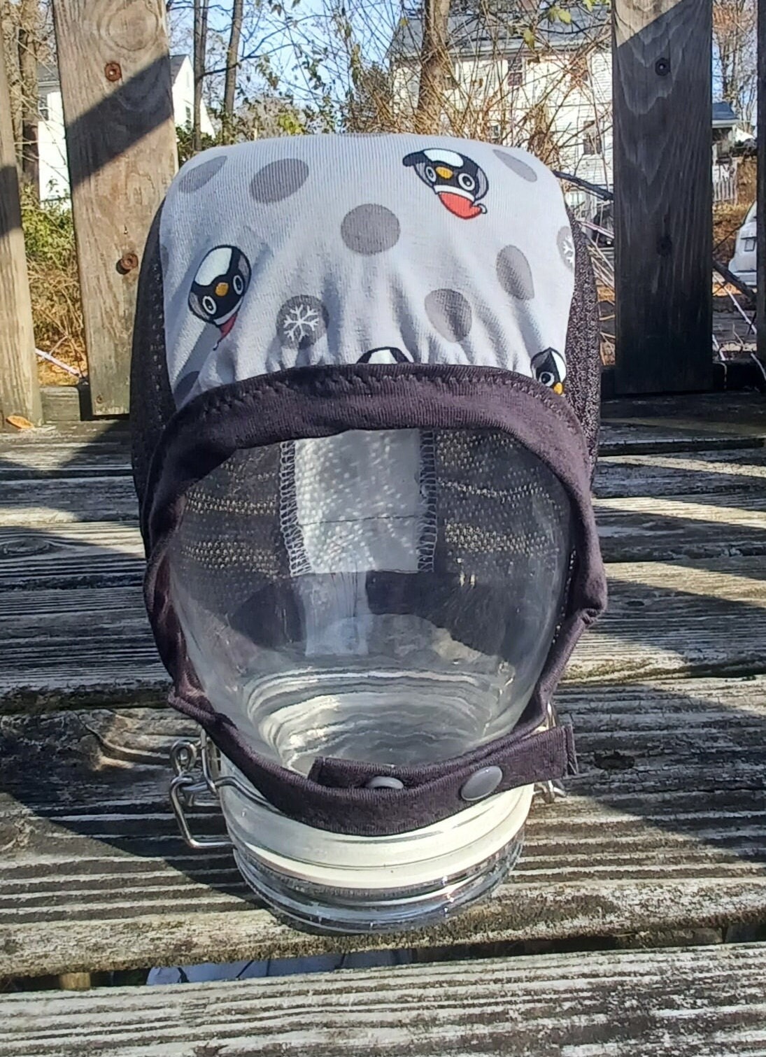 Ready to ship Penguins with Santa hats and Snowflakes with Charcoal Gray Mesh Hearing Aid Hat for those with hearing aids/cochlear implants