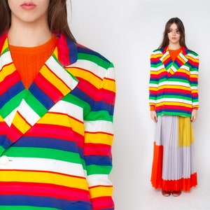 80s Striped Blazer Jacket 1980s Vintage Rainbow Pink Jacket Cotton Preppy Boho Yellow Double Breasted Power Shoulders Statement Jacket M L