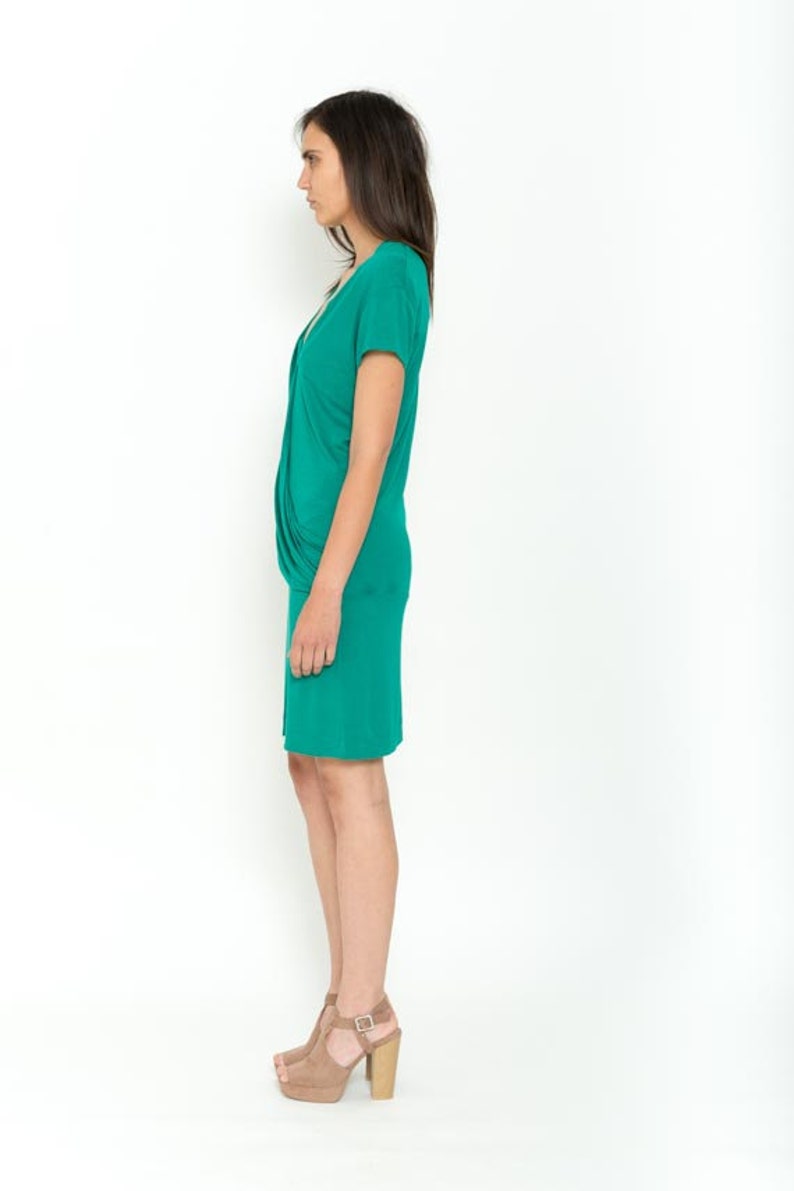 1990s Green Dress Vintage 90s Cocktail Cap Sleeves Asymmetrical Empire Draped Mini Dress Slouchy Summer Pencil Hipster Mini Gown Size M L