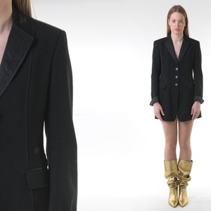 Schwarze Blazer Jacke Vintage 90er Jahre Leder STRENESSE 1990er Jahre Designer 80er Jahre Designer Minimalist Preppy Cocktail Maßgeschneidert Smart Abendmantel M