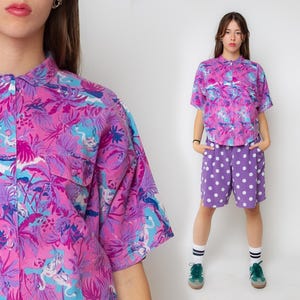 80s Tropical Shirt Flamingo Palm Tree Print Hawaiian Blouse Pink Blue Button Up Shirt 1990s Beach Sea Vacation Power Shoulders Blouse S M