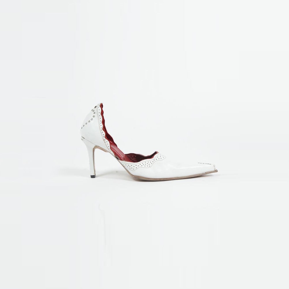 90s White Leather D'Orsay Pumps Custom Made Studded Stiletto Heels Vintage Pointed Toe Statement Shoes Red Lining Mens Size EU 43 US 10