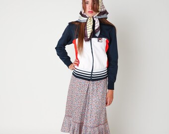 Falda midi floral vintage de los 80, cintura alta, algodón, corte en A, bajo con volantes, estampado floral, estilo campestre, rosa y azul, tallas M y L.