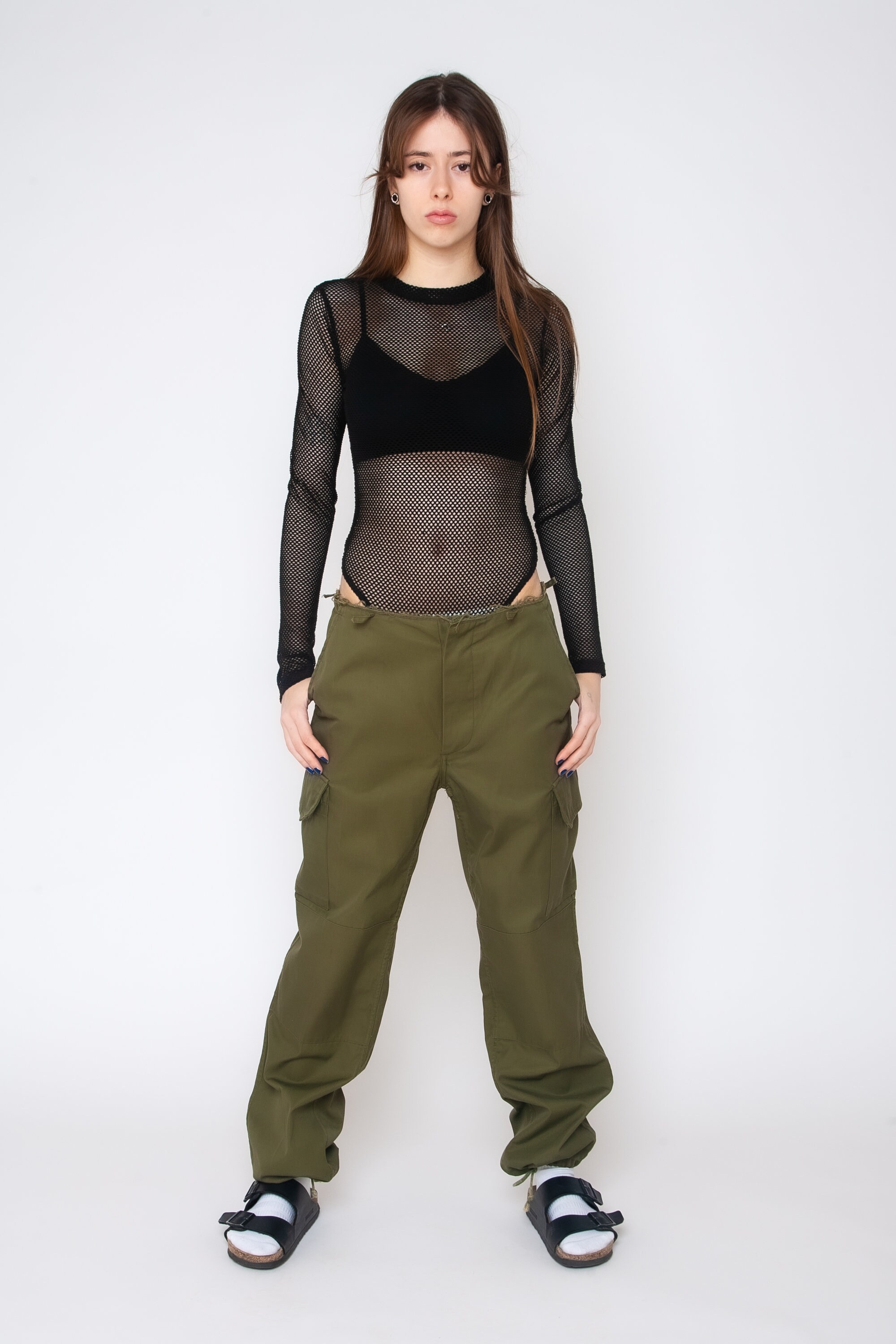 Y2K Utility Cargo Pants Olive Green Military Trousers Wide Leg Mid