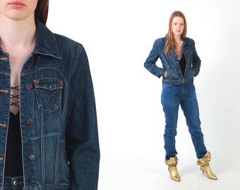 1990s Jean Jacket – 90s Vintage Blue Jeans Button Up Cotton Trucker 80s Biker HEART Streetwear Coat Dark Blue Short Crop Denim Jacket S M