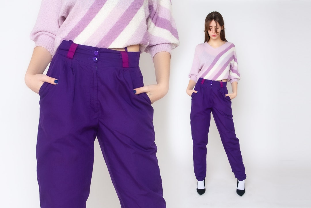 1980s sequin pants / PURPLE sequined trousers / vintage peg leg formal pants XS - S - M