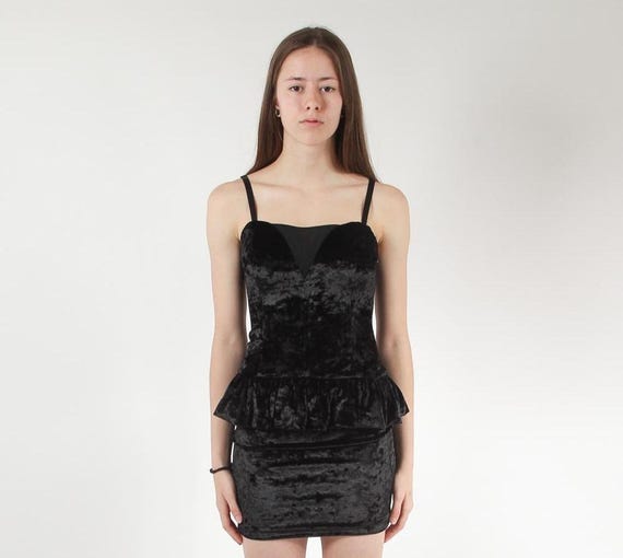 black bodycon peplum dress Velvet Vintage 80s Party Mini Dress Ruffle Cocktail Dress Goth Evening Spaghetti Strap LBD Small sexy slit Peplum waist modifies your The Beige Polka Dot Color:customized