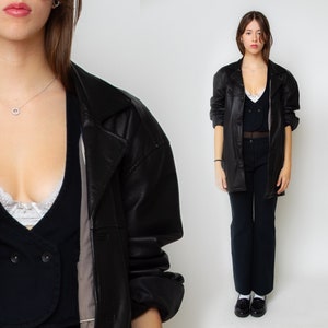 Black Leather Coat 90s Button Up Jacket Retro Longline Outerwear Vintage Leather Blazer Jacket Grunge Minimal Rocker 1990s Utility Mens L