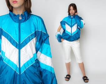 80s Blue Striped Windbreaker Zip Up Jacket 1980s Vintage Track Jacket Athletic Bomber Jacket 90s Removable Sleeves Nylon Yacht Jacket L