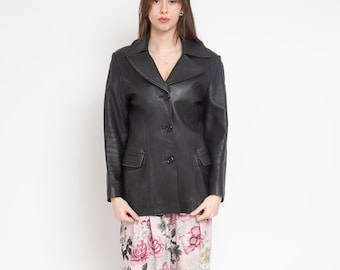 Black Leather Blazer 90s Vintage Genuine Leather Tailored Jacket Fitted Button Up Minimalist Coat Size 38