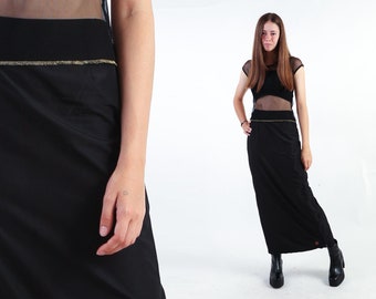 1990s GAS Black Maxi Skirt Vintage 90s Pencil Skirt 00s Gothic Zippered Skirt Straight Rave Grunge Boho Y2K Clubwear High Waist Skirt M L