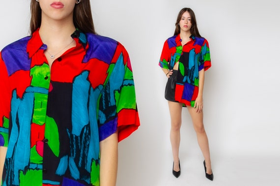 Abstract Print Shirt Tropical Shirt Purple Hawaiian Shirt Power Shoulders 80s Geometric Blouse Surfer Button Up Shirt Vintage Retro 90s L XL