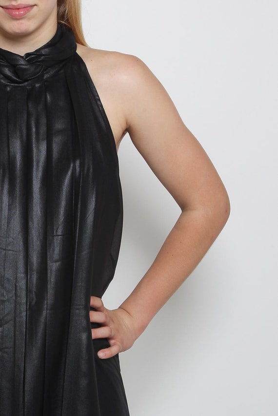 Black Halter Mini Dress Vintage 90s Choker Neck Party Dress Shiny Pleated Shift LBD Cocktail Y2K Sleeveless S M